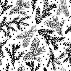 Seamless pattern with vector spruce branches. Ink illustration. Christmas ornament for wrapping paper and decor.