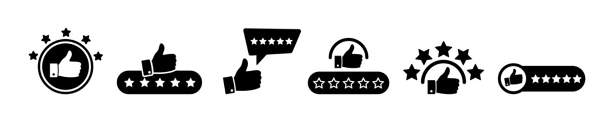 Set of thumb up and five stars vector icons. Customer feedback. Best rating or satisfaction. High service. 