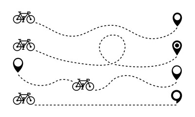Set of bicycle route from start and finish. Way with point to point. Map with ciclist route. Bike and pin.