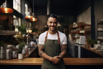 Proud coffee shop owner standing in front of a cozy coffee shop. Confident entrepreneur.