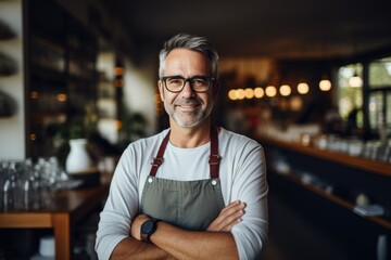 Proud coffee shop owner standing in front of a cozy coffee shop. Confident entrepreneur.