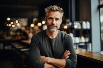 Fototapeta premium Proud coffee shop owner standing in front of a cozy coffee shop. Confident entrepreneur.