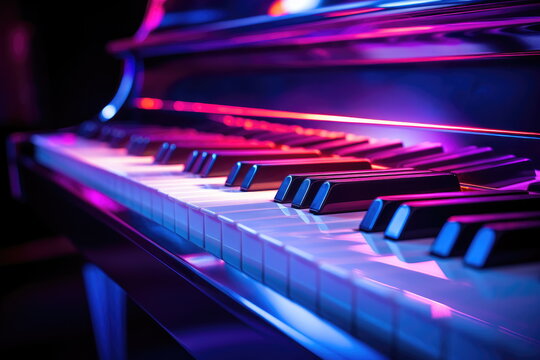 Electric piano keys in neon light.