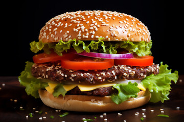 The beef burger and hamburger an American classic featuring a beef or ham patty with savoury condiments and salad and nestled in a soft bun, computer Generative AI stock illustration image