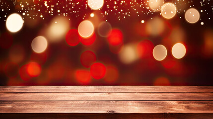 Empty wooden table with bokeh, Christmas product display, Christmas banner 