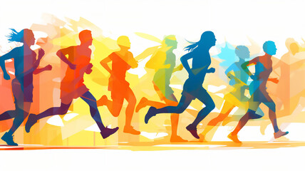 Female and male athlete runners doing a training exercise for a sports race event by jogging and running shown in a contemporary athletic abstract design, Generative AI stock illustration image - obrazy, fototapety, plakaty