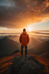 Fototapeta premium wide angle shot, Panoramic image of man in orange, standing victorious on mountain top, sunset and clouds in the background. Image created using artificial intelligence.