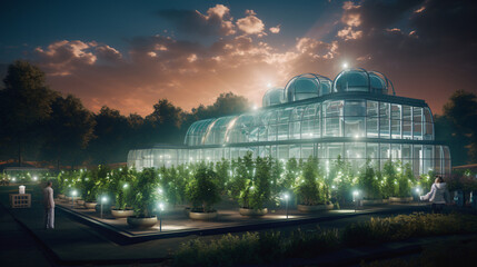 Fototapeta premium Smart Greenhouses equipped with AI-controlled climate and lighting systems, optimizing growing conditions for plants and crops