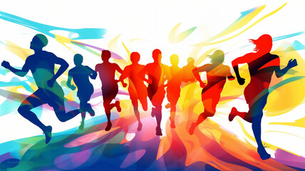 Female and male athlete runners doing a training exercise for a sports race event by jogging and running shown in a contemporary athletic abstract design, Generative AI stock illustration image - obrazy, fototapety, plakaty