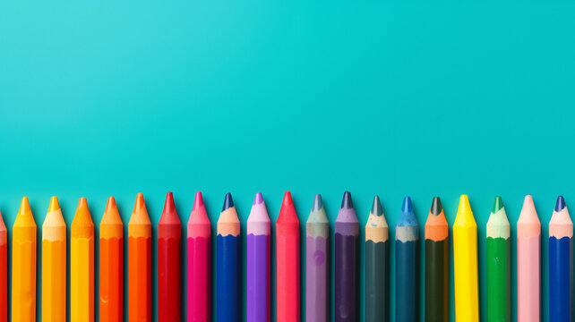Wax crayon pencils background showing drawing materials for preschool children for use in the classroom when they go back to school, computer Generative AI stock illustration image
