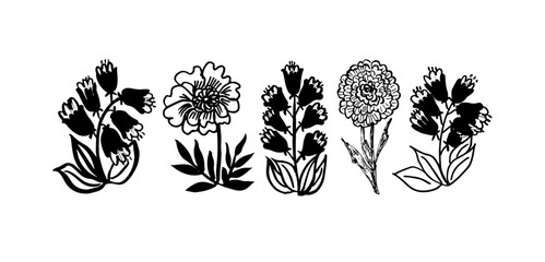 Collection simple linear black flowers  on stems isolated on white, hand drawn. Floral brush strokes set. Botanical grunge ornament.