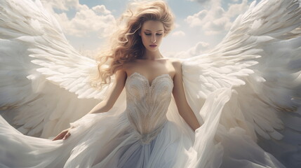 Beautiful girl in angel costume with wings. Fantastic angel on the sky background - obrazy, fototapety, plakaty
