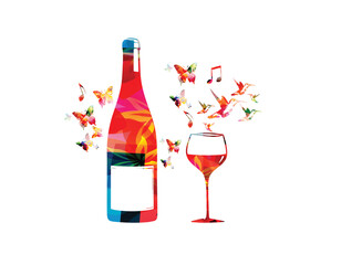 Vector illustration of colorful wine bottle and glass. Colorful tableware design for restaurant poster, restaurant menu, wine tasting, music events