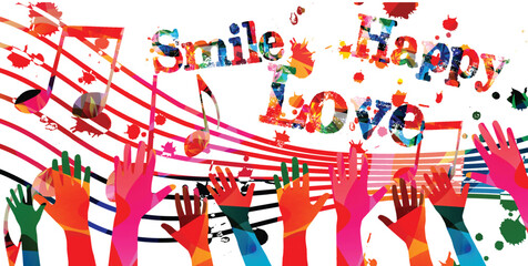 Music background with colorful G-clef, music notes and hands vector illustration design. Artistic music festival poster, live concert events, party flyer, music notes signs and symbols