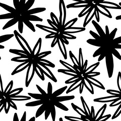 Fototapeta na wymiar Floral seamless pattern with silhouettes flower in style stars. Black and white hand drawn botanical background. Monochrome botanical wallpaper with simple plants.