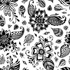 Vector floral pattern.  Seamless pattern with decorative flowers in retro, vintage, jacobean embroidery style.. Monochrome creative botanical design for wallpaper, wrapping paper, background, fabric.