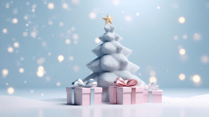 Obraz premium Christmas tree and pink gift boxes while snowing cute 3D illustration, Christmas background.
