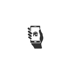 Smart home and network connect concept. Human hand holding phone and smart home application. Vector icon