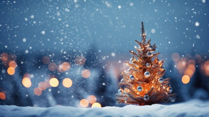Fototapeta na wymiar Christmas tree on snow, winter background with bokeh and snowflakes