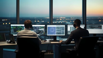 air traffic control team working in a modern airport tower. Air traffic control team in action in a modern airport tower.