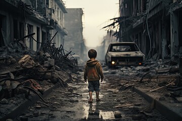 Back view of a little boy in dirty clothes stands in the middle of a bombed-out ruined city.