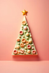 Christmas tree made of cookies or bakery goods on pastel pink background. Minimal New Year concept. Xmas invitation, gift card or greeting card.