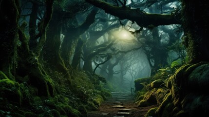 mystical forest in the night. Generative AI