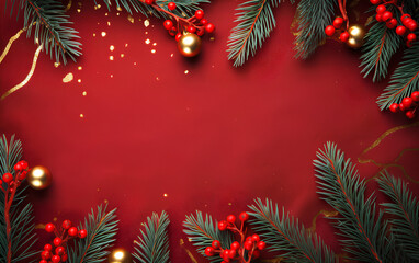 Obraz na płótnie Canvas Festive Christmas Background Xmas Tree and Sparkling Bokeh Lights on a Red Canvas Backdrop. Merry Christmas Card with a Winter Holiday Theme, Wishing a Happy New Year. Ample Space for Text