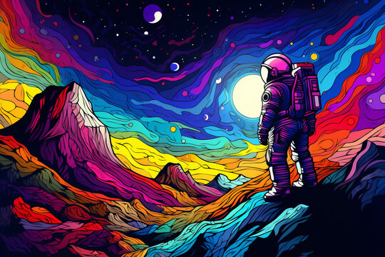Ilustración colorida Astronauta en el espacio. Ia Generativa