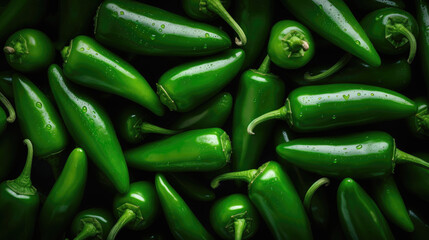 Green jalapeno peppers with waterdrops - obrazy, fototapety, plakaty