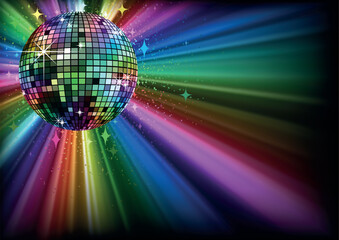 Background with Disco Ball with Bright Rays as a Theme for Night Party or Dance Entertainment