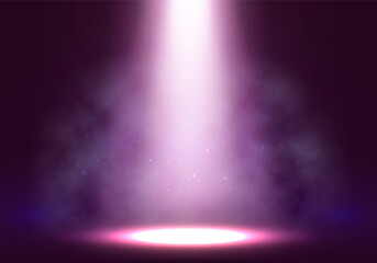 Spotlights. Scene for presentation illuminated by spotlights with smoke. Vector illustration.