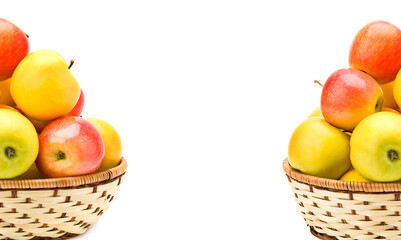 Apples in basket isolated on white . Wide photo. Free space for text. Collage.