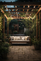 A pergola surrounded by greenery, gravel on the ground, simple patio furniture, string lights, night. Image created using artificial intelligence.