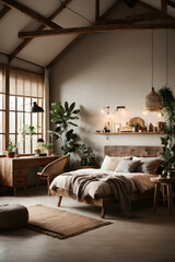 a loft style bedroom with a rustic design featuring a bed on a wooden podium dotted lighting and a wicker designer chair and desk. Image created using artificial intelligence.