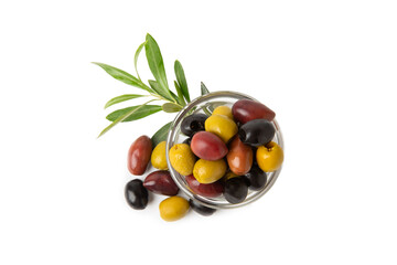 Green, black and red olives isolated on white background. Various types of olives and with fresh olive leaves. Mediterranean food. Vegan.
