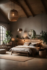 a loft style bedroom with a rustic design featuring a bed on a wooden podium dotted lighting and a wicker designer chair and desk. Image created using artificial intelligence.