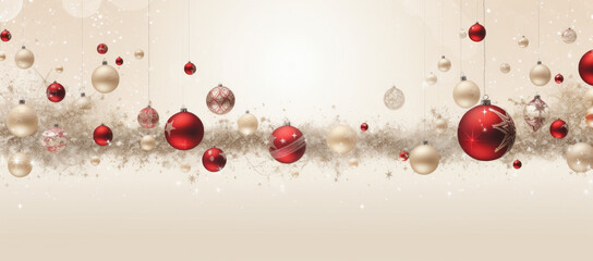 Beautiful colorful Christmas composition of red and gold Christmas balls and stars on a sparkling light background, copy space