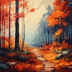 Obraz na płótnie Canvas Autumn forest in fog and a path strewn with fallen leaves