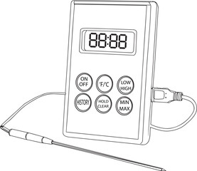 One Line Cartoon Sketch of Thermometer with Alarm, Medical Thermometer Clip Art with History Saver, Vector Illustration of Fever Testing Device