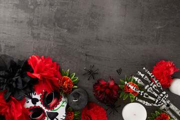 Immerse yourself in the allure of Dia de los Muertos. Top view of traditional mask, beautiful...