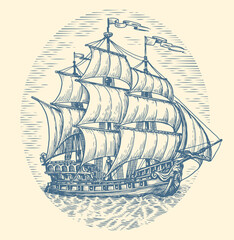 Hand drawn ship frigate sailboat old sketch. Vintage engraving style vector illustration - obrazy, fototapety, plakaty