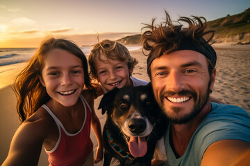 Diferentes tipos de familia disfrutando de un día de playa junto a su perro. Diversidad.  - obrazy, fototapety, plakaty