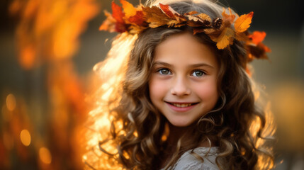 Portrait of a smiling 8 years old girl, in a crown of colorful autumn leaves, against a blurred fall park backdrop. Generative AI