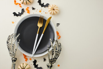 Infusing your table with the spirit of Halloween celebration. Top view photo of plates, pumpkins,...