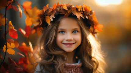6 years old girl smiling warmly, crowned with vivid autumn leaves, against blurred park background. Generative AI