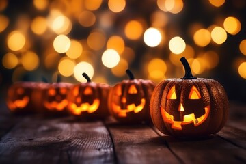 Halloween jack o lantern on Halloween party with beautiful bokeh candles light on the table top in haunted house or castle