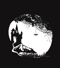 Halloween night frame with scary haunted castle - 645969900