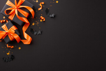 Creep into savings this Halloween. Top view photo of black gift packages, orange satin bows, bat silhouettes, shiny sparkles on black background with banner area