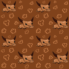 Seamless pattern with the image of a bull on a brown background